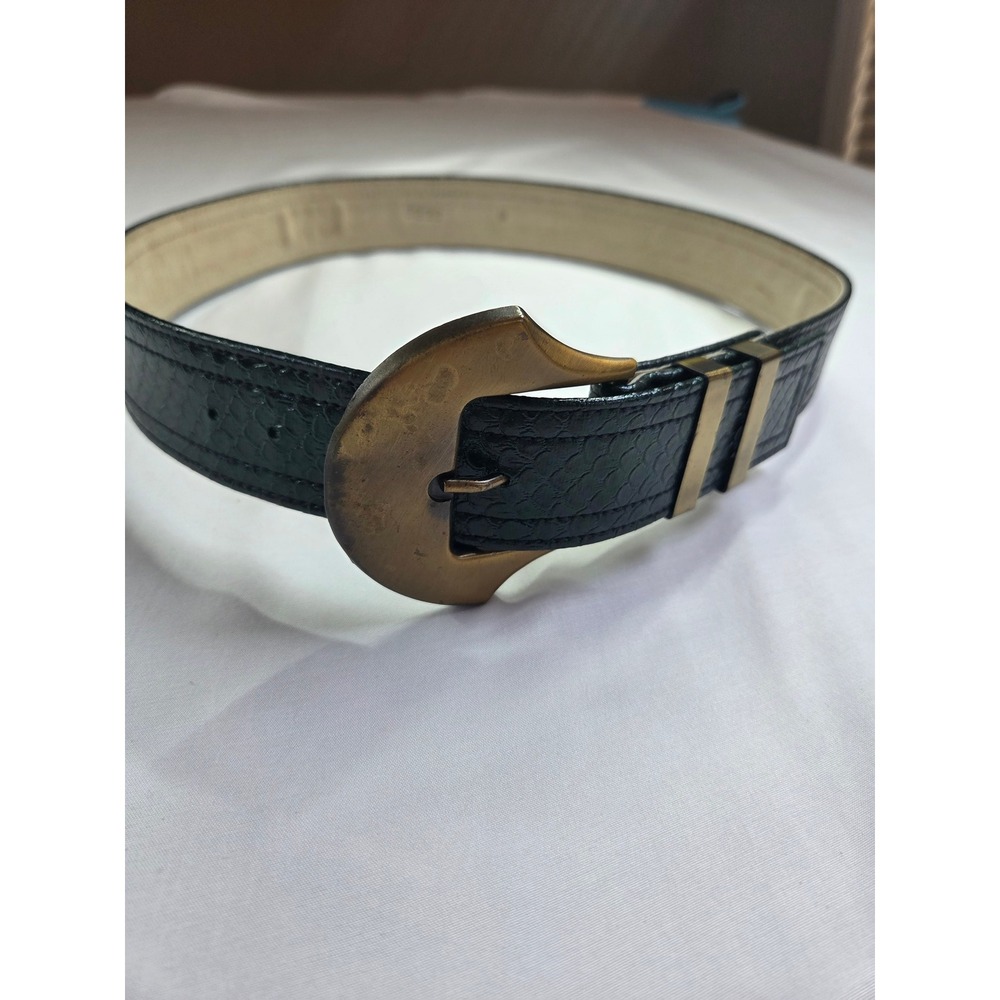 Vintage Black Textured Statement Belt Medium Brass Buckle Western Indie 90s